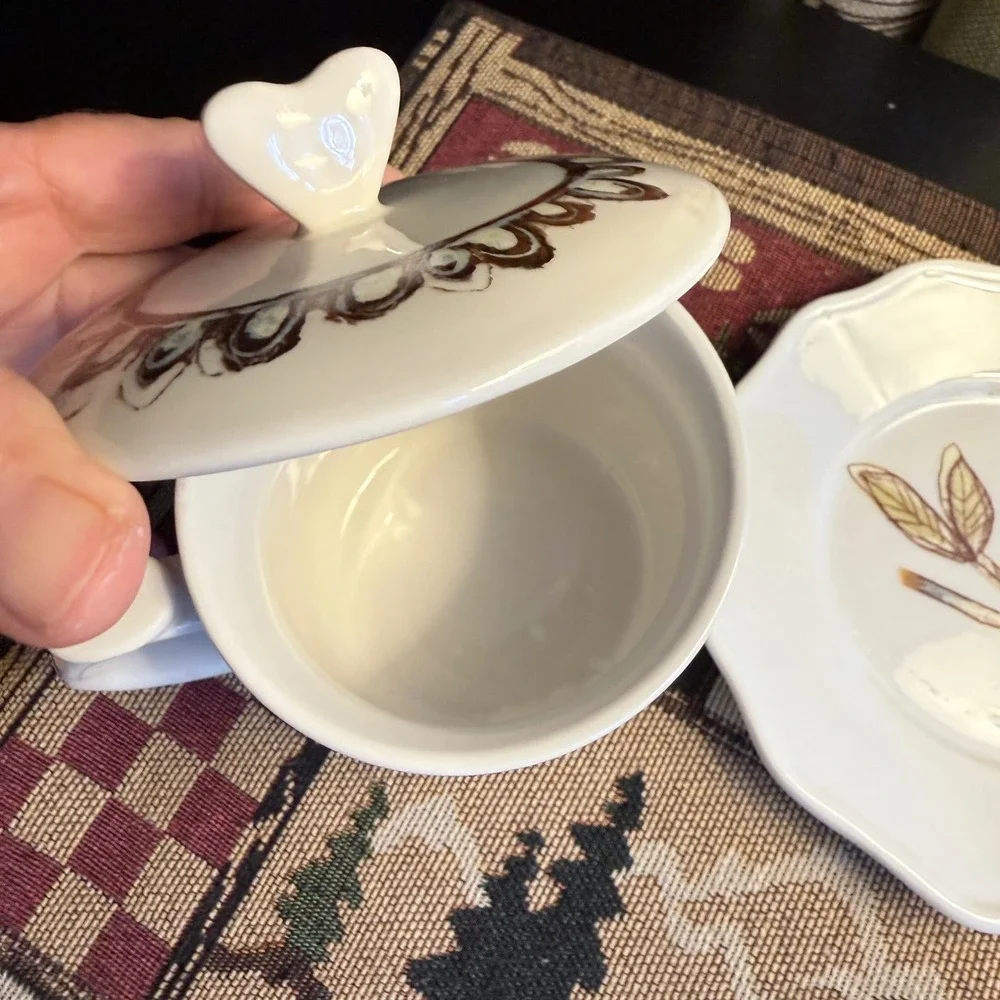 Lori Siebert Creative Co-Op Folk Art Bird Mug Covered Tea Cup Saucer Lid Heart